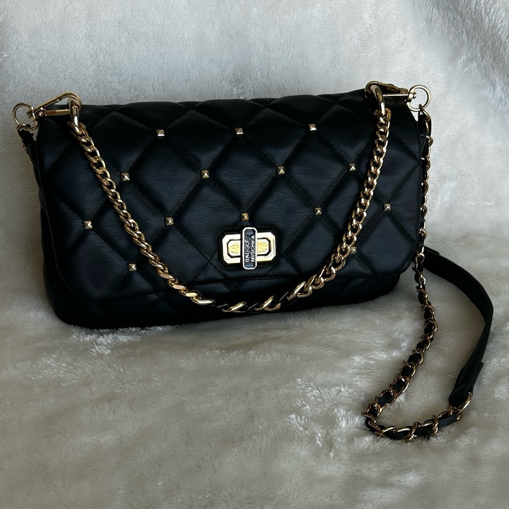 Badgley Mischka Quilted Studded Black Chain Shoulder Bag Crossbody